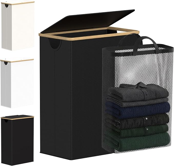 efluky Slim Laundry Basket with Lid, Narrow Laundry Hamper with Removable Bag, Skinny Dirty Clothes Basket with Bamboo Handles for Bathroom, Bedroom & Laundry Room, 65L Black by efluky