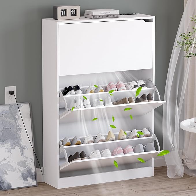 BORNOON Shoe Cabinet with Odor Control and Back Panels, Deodorizing Slim 3-Flip Shoe Storage Cabinet for Entryway, Freestanding Hidden Shoe Rack Organizer for Entrance, Hallway, Bedroom by BORNOON