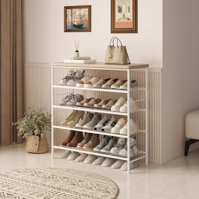 SUOERNUO Shoe Rack Organizer 5 Tier for Closet Entryway Free Standing Metal Storage Shoe Shelf with MDF Top Board，White+Oak - Image 3
