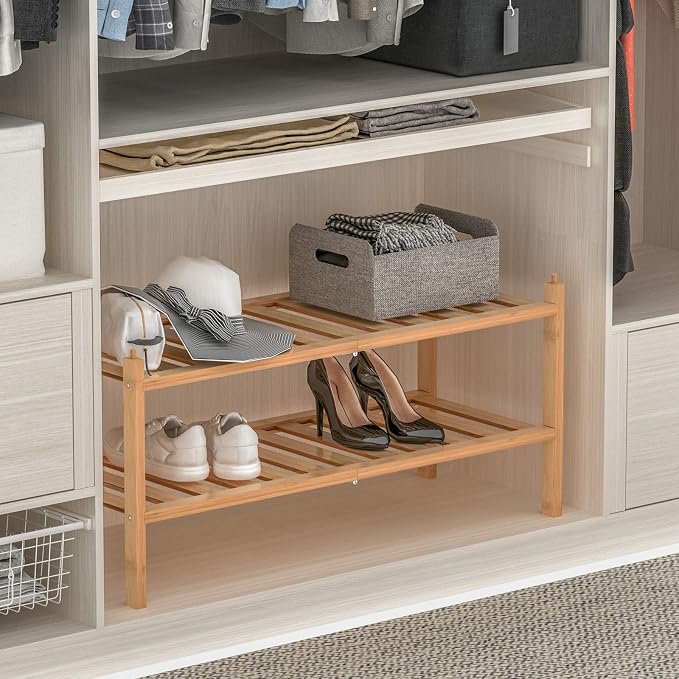 Dranixly Shoe Rack, 2-Tier Bamboo Stackable Shelf Storage Organizer, Stand for Closet, Entryway, Hallway, Bathroom and Living Room（Natural） - Image 4