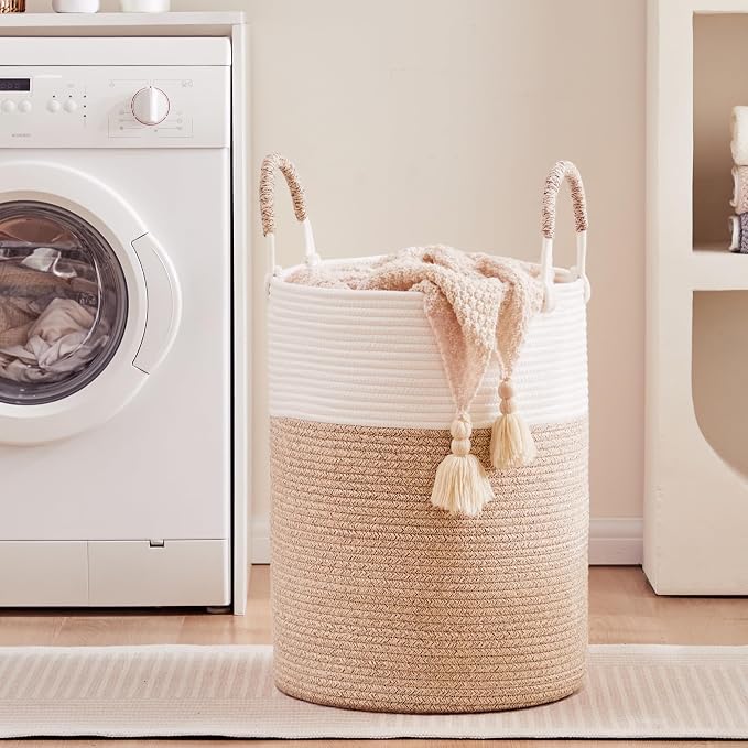 80L Extra Large Laundry Hamper Basket Tall Woven Rope Clothes Hamper Blanket Basket for Living Room Bathroom Bedroom Brown 16"L x 16"W x 22"H - Image 2