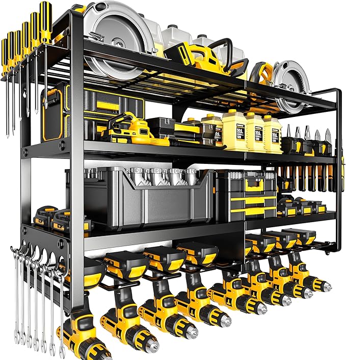 POKIPO Large Power Tool Organizer Wall Mount,4 Layers Heavy Duty Metal Loads 400lbs,Power Tool Shelf Battery Storage with 8 Cordless Drill Holder,Utility Racks for Garage Workshop by POKIPO