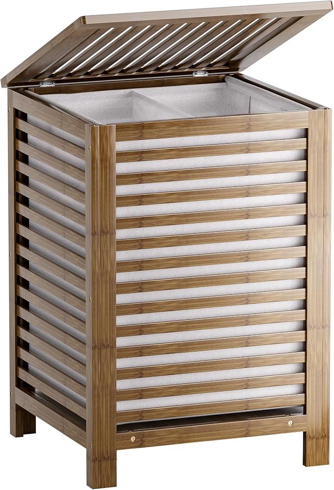 SMIBUY Double Laundry Hamper with Lid, 120L Bamboo Laundry Basket with Removable Liner Bag, 2-Section Clothes Divider Laundry Sorter for Laundry Room, Bathroom, Bedroom (Walnut) by SMIBUY