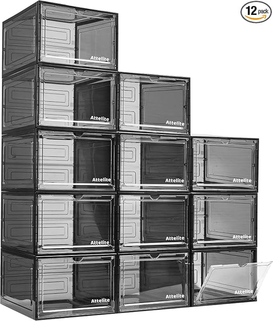 Attelite Upgrade 12pack Shoe Box Storage Containers,Thicken Sturdy Clear Stackable Plastic Shoe Organizer Box with Magnetic Door, Drop Front Shoe Box Sneakers X-Large by Attelite
