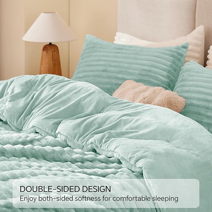 BEDELITE Fleece Queen Comforter Set -Super Soft & Warm Fluffy Light Green Bedding, Luxury Fuzzy Heavy Bed Set for Winter with 2 Pillow Cases