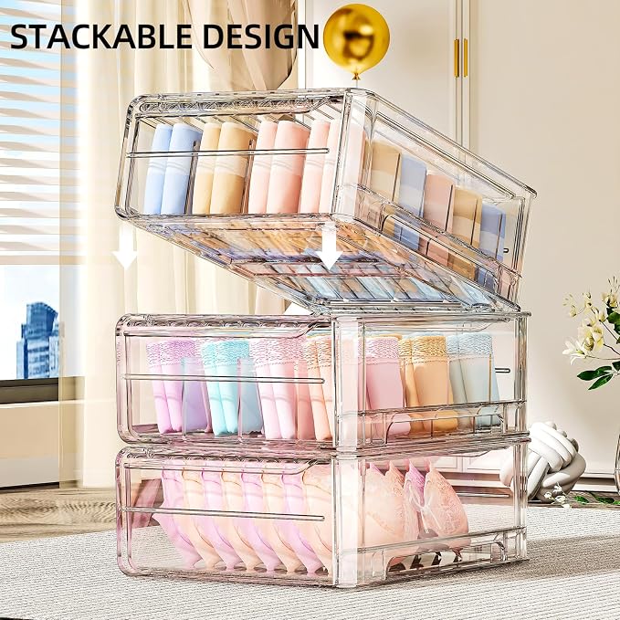 Underwear Drawer Organizer, Plastic Bra Storage Organizer for Closet, Bra Shelf Organizer, Clear Plastic Bra Drawers Stackable Pull Out Drawer Closet Organizer for Belts, Ties, Scarf - Image 7