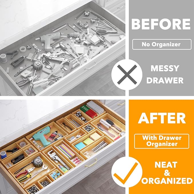 SpaceAid 21-Piece Bamboo Drawer Organizer Storage Boxes Set, Wood Tray Junk Drawer Organizers Multi-Use Divider Bins for Kitchen, Bathroom, Office Desk and Makeup Organization (21 Pack, Natural) - Image 2