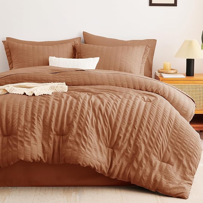 CozyLux King Size Comforter Set Pumpkin Seersucker 7 Pieces Bed in a Bag King Comforter Set with Sheets, Luxury Soft Bedding Set with Down Alternative Comforter, Sheets, Pillowcases & Shams All Season