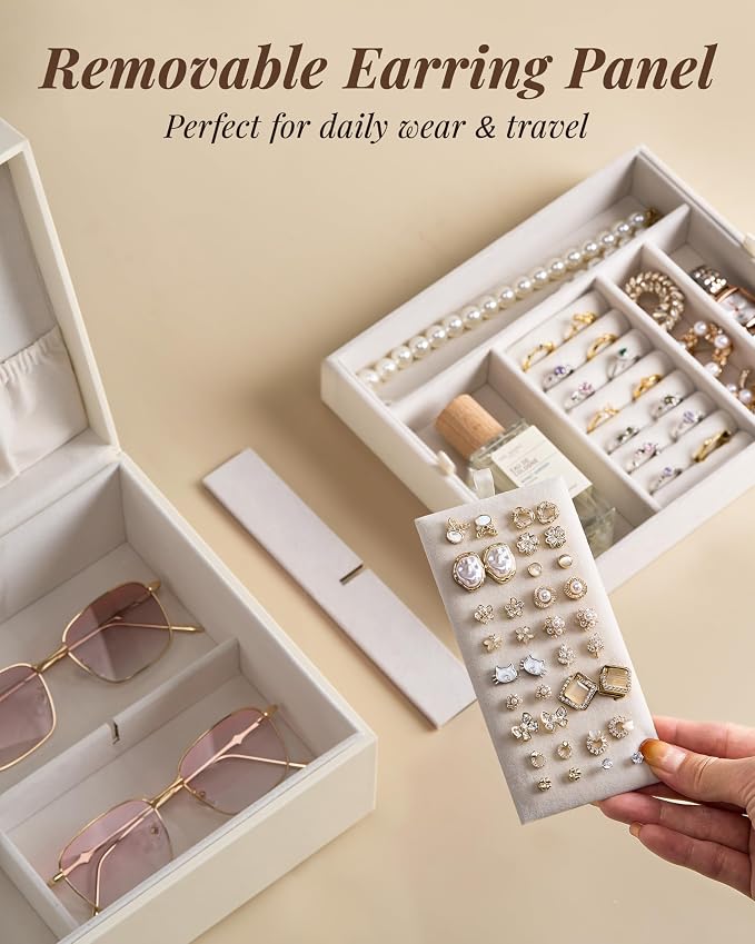 pickpiff 2 Layer Jewelry Box Organizer for Women, Jewelry Organizer with Handle & Removable Tray, Necklace Holder Ring Earring Storage, Velvet Lined Jewelry Case for Home or Travel, Gift Ready, Beige - Image 2