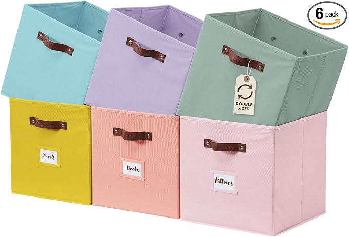 DECOMOMO Storage Bins, Cube Storage Bin with Labels, Fabric Storage Cubes for Shelves (10.5" x 11" / 6pcs, Rainbow) by DECOMOMO
