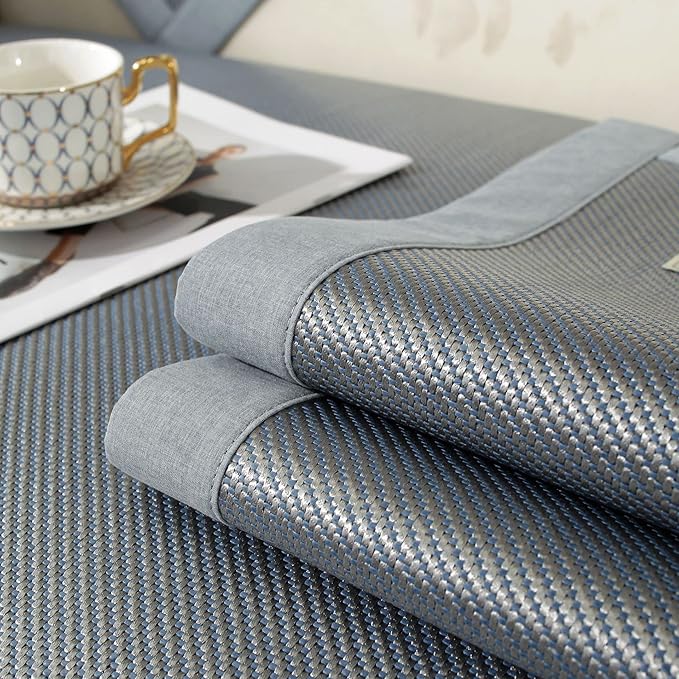 Square Cooling Bedding Mat,Ice Silk Rattan Matting,Foldable Jacquard Mixed Ice Silk & Rattan Mat,冰藤席 (Blue, Full)
