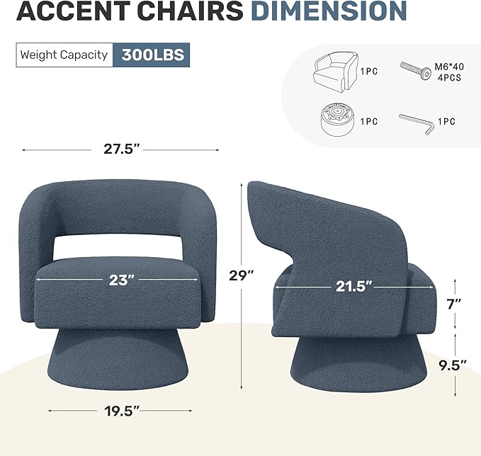 Nebuaegis Swivel Accent Chair Set of 2, Modern Comfy Teddy Barrel Chairs, Oversized Upholstered Round Arm Chair for Living Room, Bedroom, Reading Room, Blue