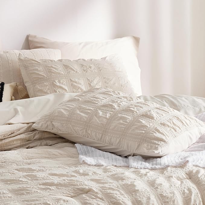 Bedsure Bed in a Bag Full - 7 Pieces Plaid Seersucker Bedding Comforter Sets, Soft Lightweight Beige Boho Bed Set with Comforters Full Size, Sheets, Pillowcases & Shams