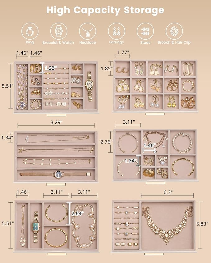 Lolalet Jewelry Box Organizer, 6-Layer Jewelry Organizers and Storage Case with Glass Lid, Ring Earring Bracelet Necklace Holder Organizer, Birthday Valentine Gifts for Women Girls -6Layer, Beige - Image 6