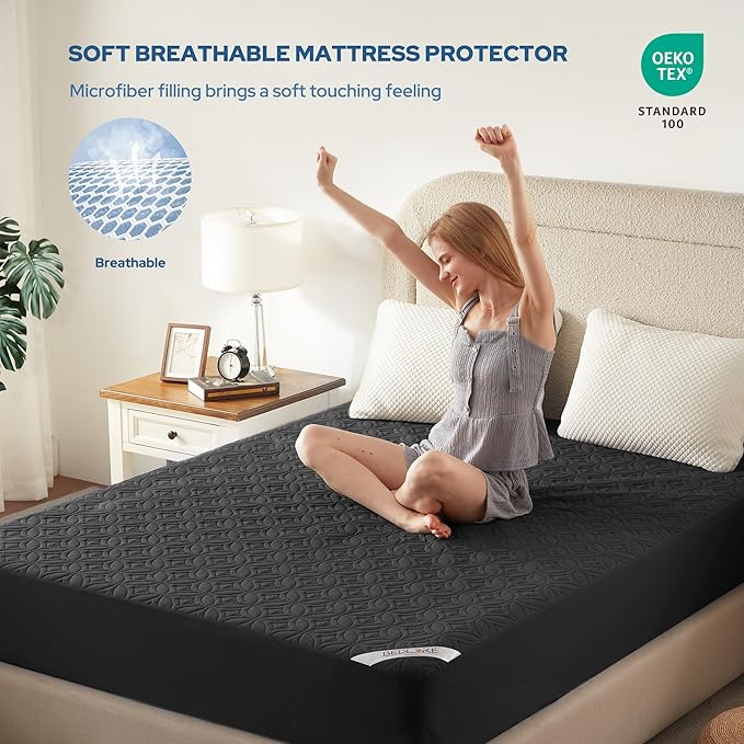 BEDLORE Waterproof Mattress Protector, Twin Size Mattress Pad with Deep Pocket 6"-15" Depth, Soft Breathable Dirt-Proof Single Bed Mattress Cover for Bedroom, Dorm Room (Black)
