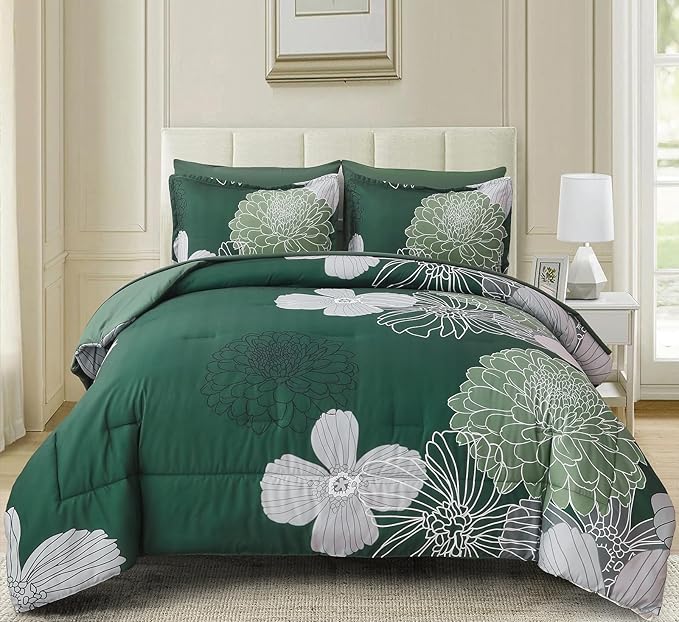 Yiran 7 Pieces King Size Comforter Set,Dark Green Floral Bed in a Bag Comforter and Sheet Set, Soft Microfiber Lightweight Bedding Set for All Season 104"×90"