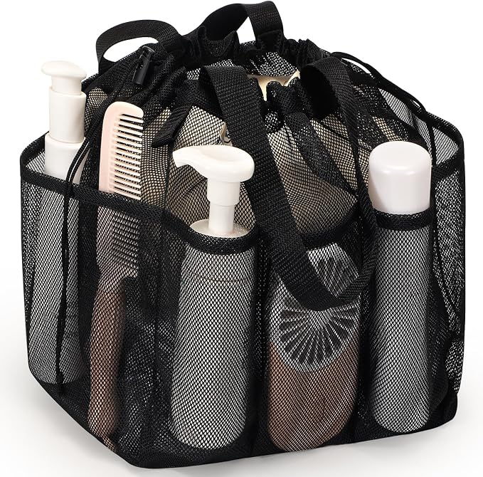 famichan Mesh Shower Caddy Portable with Drawstring, Dorm Room Essentials for College Students boy & girl, Larger Shower Bag for Camping,Swimming,Gym,Travel,Bathroom - Black by famichan