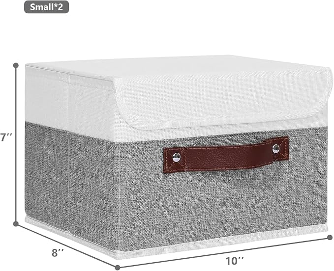 ANMINY 2PCS Storage Boxes with Lid Washable Decorative Storage Bins Basket with PU Leather Handle Foldable Linen Fabric Storage Cubes Containers for Home Closet Organizer - Gray White, Small Size - Image 5