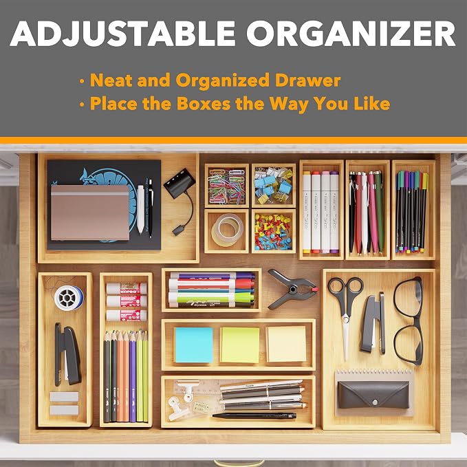SpaceAid 14-Piece Bamboo Drawer Organizer Storage Boxes Set, Wood Tray Junk Drawer Organizers Multi-Use Divider Bins for Kitchen, Bathroom, Office Desk and Makeup Organization (14 Pack, Natural) - Image 5