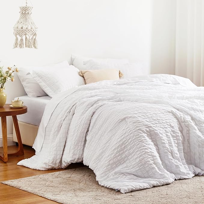 Love's cabin Seersucker White Twin Comforter Set, 5-Piece All Season Lightweight Bed in a Bag Bedding Set with Comforter, Flat Sheet, Fitted Sheet, Pillowcase and Sham | Soft, Breathable, Lightweight