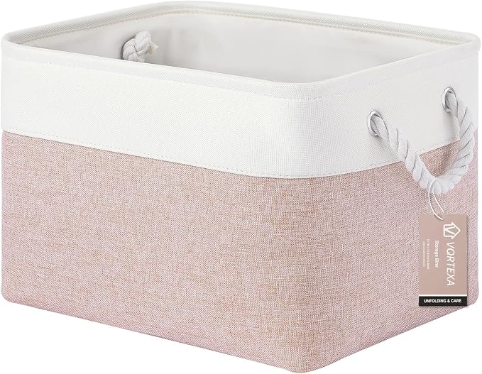 Large Storage Baskets- 15x11x10 inch Storage Bins for Shelves and Closet Organizing, Foldable Fabric Bin for Home Organization Clothes and Laundry (1-Pack, White&Pink) by VQRTEXAStorageBasket