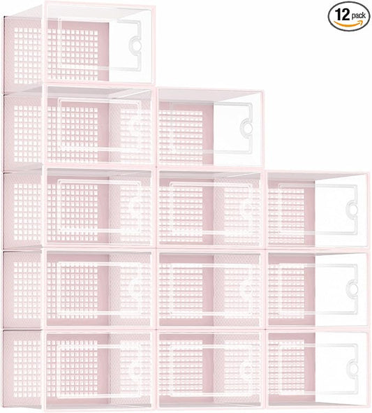 Kuject Shoe Organizers Storage Boxes for Closet, 12 Pack Clear Plastic Stackable Storage Bins with Lids, Under Bed Shoe Containers for Entryway, Drop Front, Fit up to Women's Size 10,Pink by Kuject