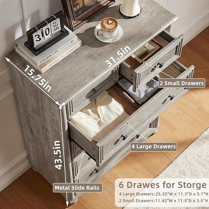 RWYHG Farmhouse 6 Drawer Dresser, Grey Chest of Drawers, 43.5" Tall Dressers for Bedroom with Roman Column and Metal Handles, Rustic Wood Storage Organizer for Living Room, Hallway, Closet