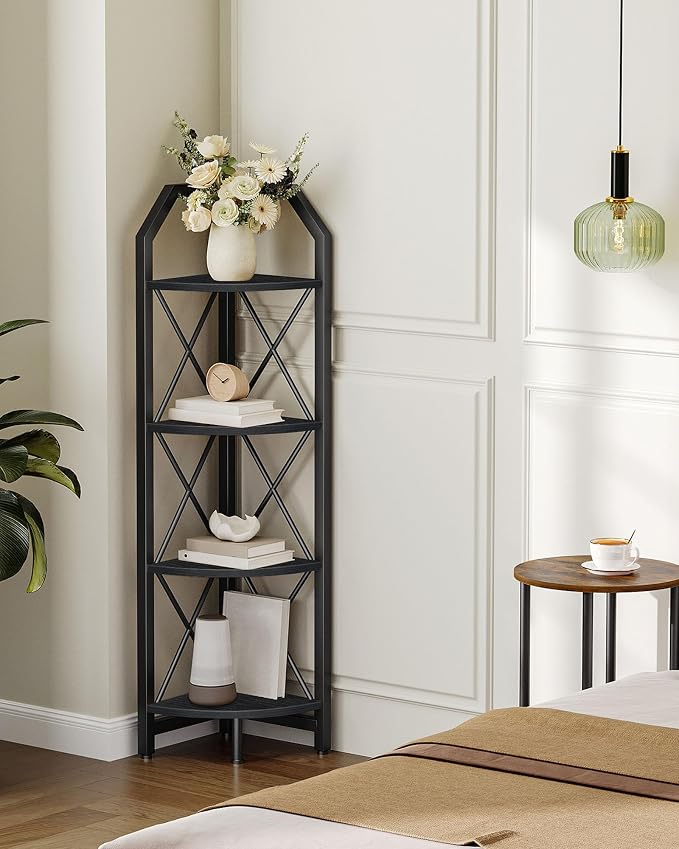 CHOEZON 4-Tier Corner Shelf, Industrial Corner Bookshelf, 47.6" Corner Storage Stand, Plant Stand Display Shelf, Corner Bookcase for Bedroom, Living Room, Home Office, Black TCJ09BB by Choezon