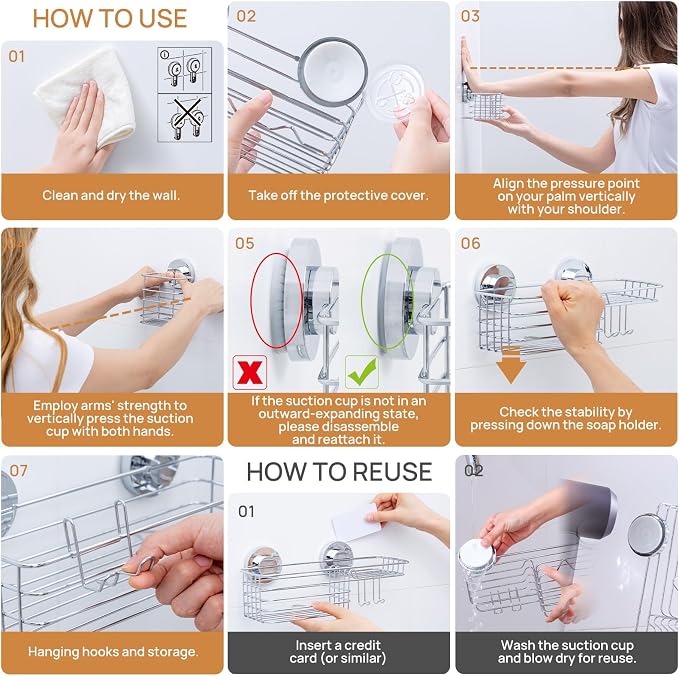 LEVERLOC Shower Caddy Suction Cup, 3 Pack Heavy Duty Bathroom Organizer for Inside Shower with Hooks & Soap Holder, Removable Bathroom Holder - Image 7