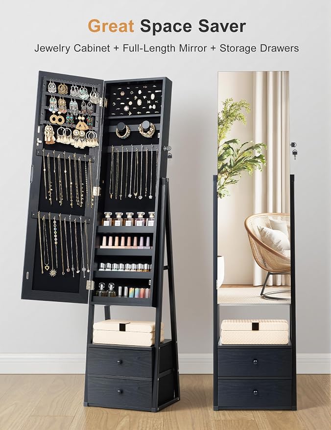Nicetree Mirror Jewelry Cabinet Standing, Lockable Jewelry Cabinet Armoire with 2 Drawers, Full Length Mirror with Jewelry Storage, Christmas Gifts, Black - Image 3