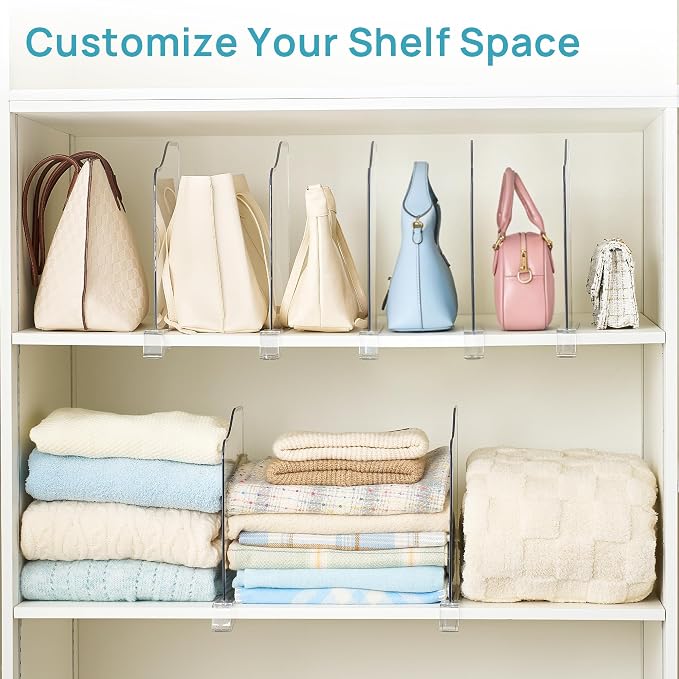 Vtopmart 4 Pack 12in Height Shelf Dividers for Closet Organization, Clear Plastic Closet Shelf Dividers of Upgrade 12in for Maximizing Vertical Space Storage, Organizing Sweater, Jeans, Shirts, Bags - Image 6