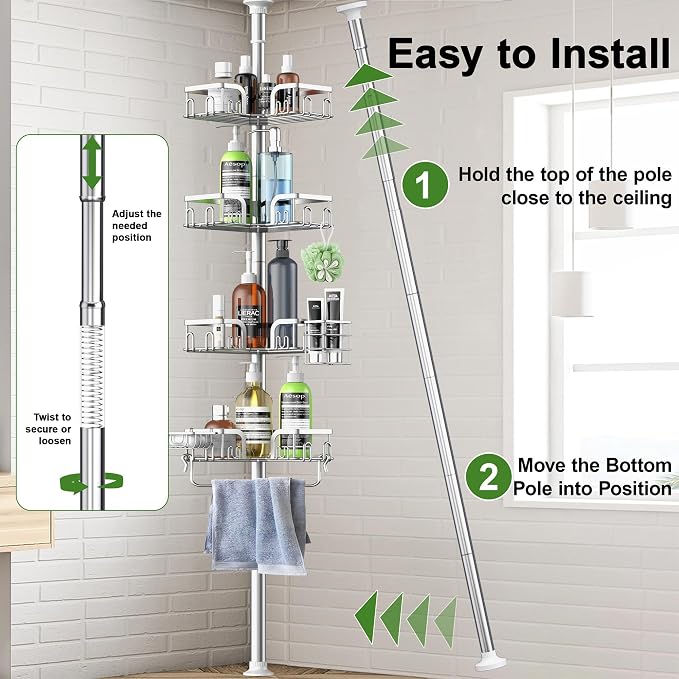 Corner Shower Caddy Tension Pole 4 Tier Adjustable Stainless Steel Shower Shelf for Inside Shower Bathtub Shampoo,Standing Bathroom Organizer Shelves with 39 to 113 inch Height - Image 8