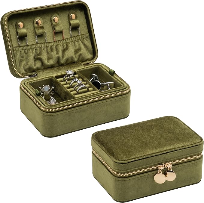 Velvet Travel Jewelry Organizer Box with Zipper Around Portable Accessory Display Tray Holder Storage Case for Multiple Earrings Rings Necklaces Bracelets (Olive Green) - Image 2