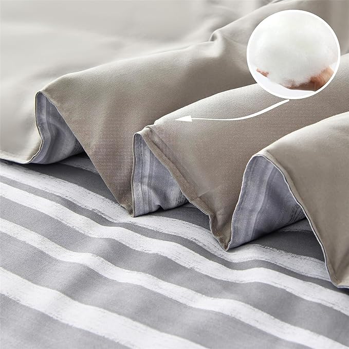 KAKIJUMN 5 Piece Bed in a Bag Stripe Comforter Set Twin Size, White Grey Patchwork Striped Comforter and Sheet Set, All Season Soft Microfiber Complete Bedding Set(Light Grey,Twin)