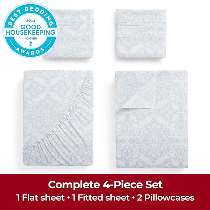 Mellanni Queen Sheets Set - 4 PC Iconic Collection Bedding - Hotel Luxury, Extra Soft, Cooling Bed Sheets - Wrinkle, Fade, Stain Resistant (Queen, Laced Sky Blue)