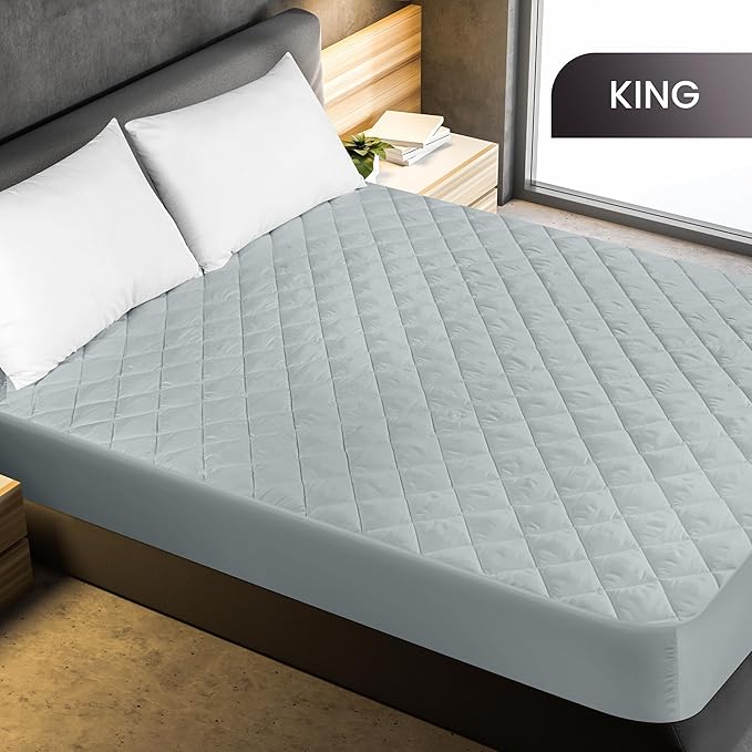 Utopia Bedding Quilted Fitted Mattress Pad, King Size, Elastic Fitted Mattress Topper Protector and Cover with Deep Pocket Stretches up to 16 Inches, Machine Washable (Light Grey)