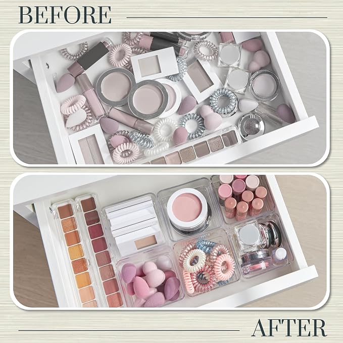 STORi SimpleSort 6-Piece Stackable Clear Drawer Organizer Set | 3" x 3" x 2" Square Trays | Small Makeup Vanity Storage Bins and Office Desk Drawer Dividers | Made in USA - Image 6