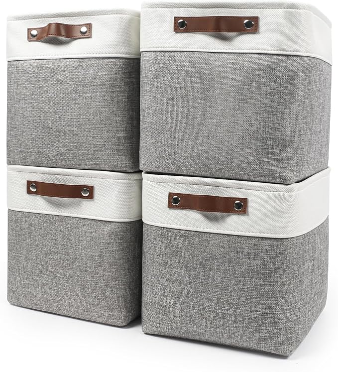 Bagnizer Collapsible Fabric Storage Cubes 11x11 Cube Storage Bins, 4 Pack Closet Baskets Box with Handles for Organizing, Shelf, Toys, Clothes, Home, Office, Nursery (Grey&White) by Bagnizer