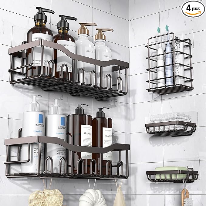 EUDELE 5-Pack Rustproof Stainless Steel Shower Caddy – No Drill Adhesive Bathroom Organizer with Large Capacity, Spacious Shower Shelves for Inside Shower, Kitchen & Home Decor Storage-XL Size by EUDELE