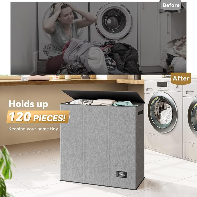SOLEDI 160L Laundry Hamper 3 Section, Extra Large Laundry Hamper with Lid, Dirty Clothes Hamper with Sturdy Handle, Large Laundry Basket Organizer for Laundry Room, Bedroom, Hampers for Laundry - Image 7