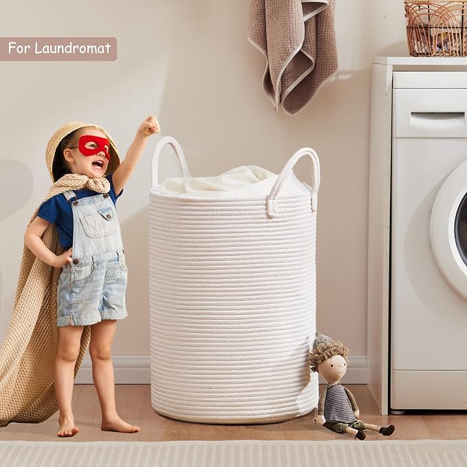 80L Extra Large White Hamper Tall Woven Laundry Basket Cotton Rope Blanket Basket for Living Room Clothes Hamper in Bedroom 16"L x 16"W x 22"H - Image 5