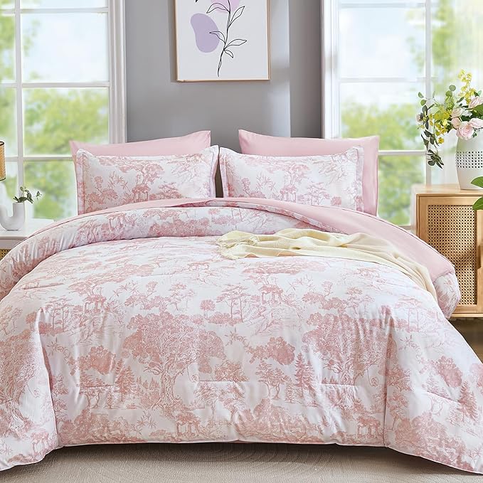 DJY Queen Size Comforter Sets, Pink Botanical Comforters with Sheets 7 Pieces Bed in a Bag Queen Elegant Plants Print Christmas Soft Microfiber Reversible Complete Bedding Sets for All Season
