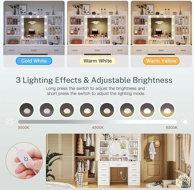 FIONESO Vanity Desk with Mirror and Lights, Power Outlet, Makeup Vanity with 9 Drawers & 6 Open Storage Shelves, 3 Lighting Modes Brightness Adjustable, White