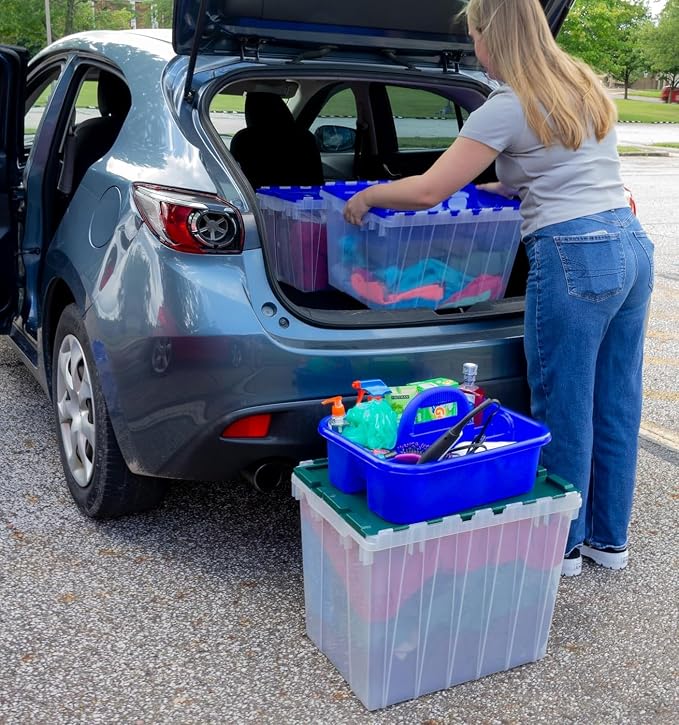 Akro-Mils KeepBox 12 Gallon Storage Container, Nesting and Stackable Plastic Storage Box with Lid Attached, Clear Tote for Garages, Closets, Moving, 21-1/2" x 15" x 12-1/2", Clear/Blue, Pallet of 48 - Image 7