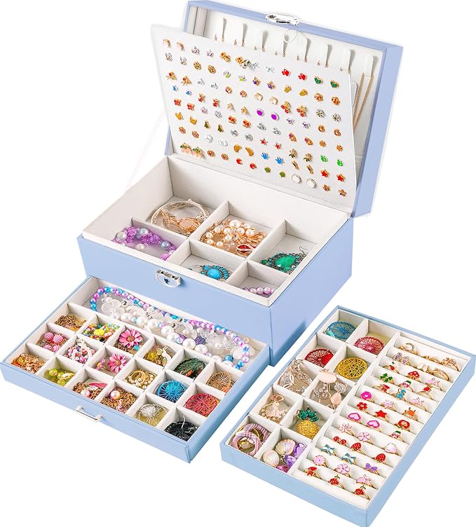QBestry Earrings Jewelry Box for Girls, 5 Layers Jewelry Organizer with Earring Holder Organizer for Girls Earring Organizer Jewelry Boxes for Women Earrings and Necklaces Jewelry Box Organizer Blue by QBestry