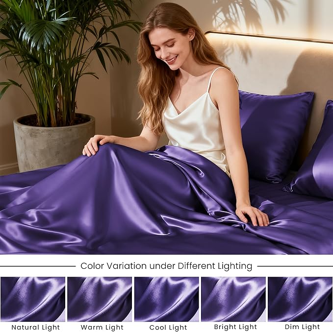 Love's cabin Twin Satin Sheets Sets - 3 Piece Purple Silky Bed Sheets with Deep Pockets, Luxury Silk Feel Satin Twin Size Sheet Set Bedding Set (1 Flat Sheet,1 Fitted Sheet,1 Pillow case)