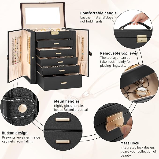 AKOZLIN Large 6-Tier Jewelry Box Lockable Leather Jewelry Storage Case with 5 Drawers for Women Girls Ring Necklace Earring Bracelet Holder Organizer with Mirror - Image 5