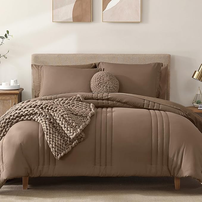 Monbix Super King Size Comforter Set - 7 Pieces Raw Umber Bed in a Bag Super King Bedding Sets with Comforters, All Seasons Comforter Bed Set with Sheets,Pillowcases & Shams