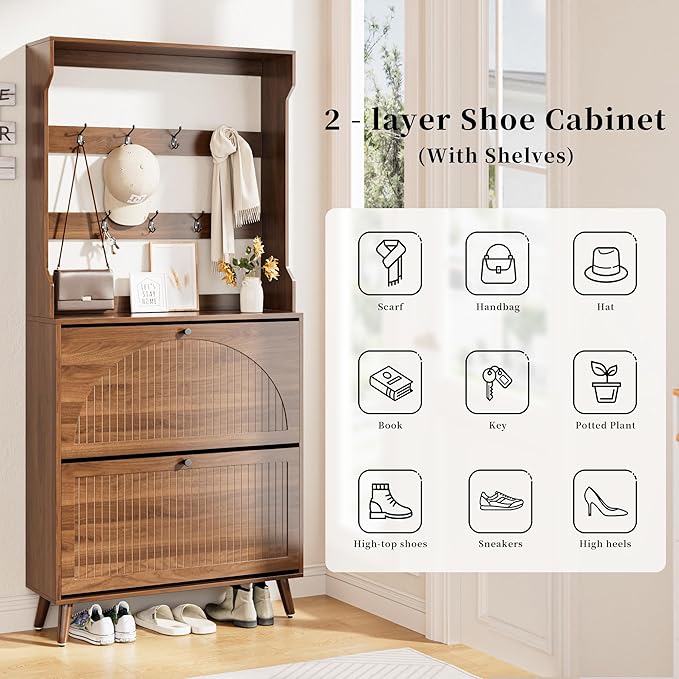 Fsbecl Shoe Cabinet for Entryway with 2 Flip Drawers & Coat Rack, Narrow Hidden Shoe Storage Cabinet with Fluted Panel, 2-in-1 Hall Tree Slim Freestanding Shoe Rack Organizer for Hallway, Walnut - Image 6