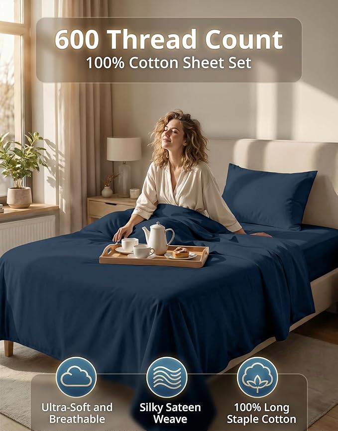 LANE LINEN Twin XL Sheet Sets - 600 Thread Count Sateen Weave - 100% Cotton Sheets for Hotel Quality Softness - 15'' Deep Pocket for Snug Fit to Your Mattress - Oeko Tex Certified - Denim